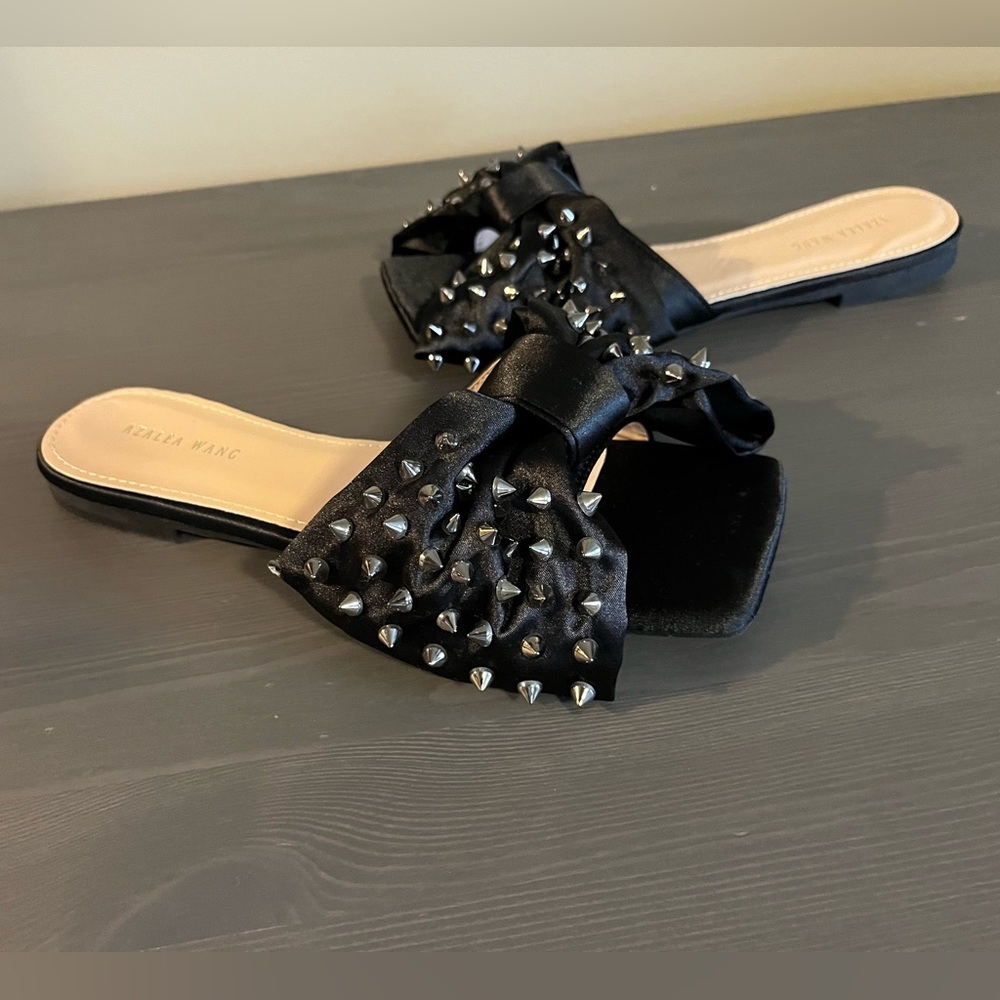 Azalea Wang Studded Bow Square Toe Slides New - image 2